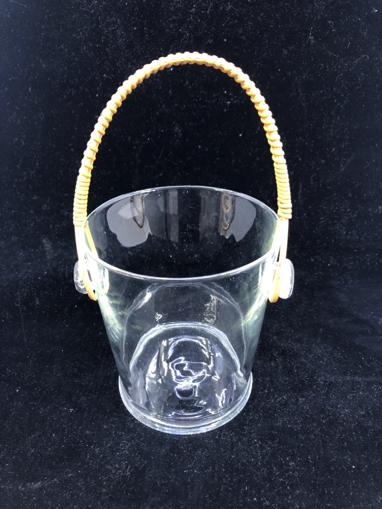GLASS ICE BUCKET W TWINE HANDLE AND METAL TONGS.