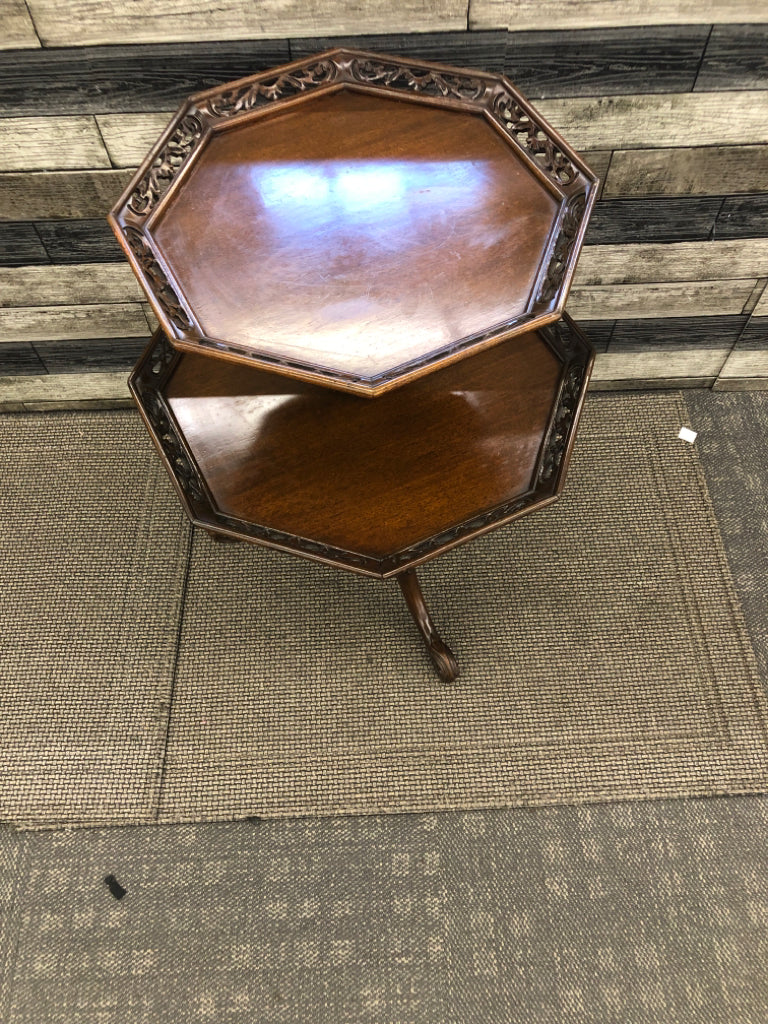 2 VTG TIERED CARVED WOOD TABLE.