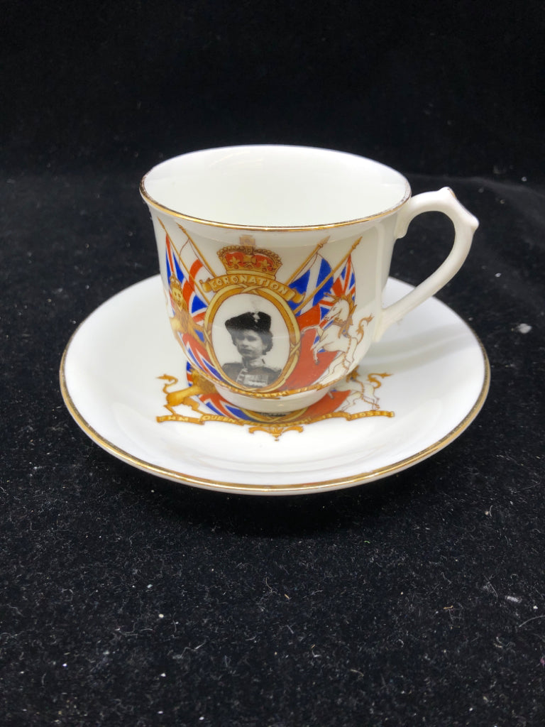 VTG SVC 3 CORONATION QUEEN ELIZABETH TEACUP SAUCERS-6PC.