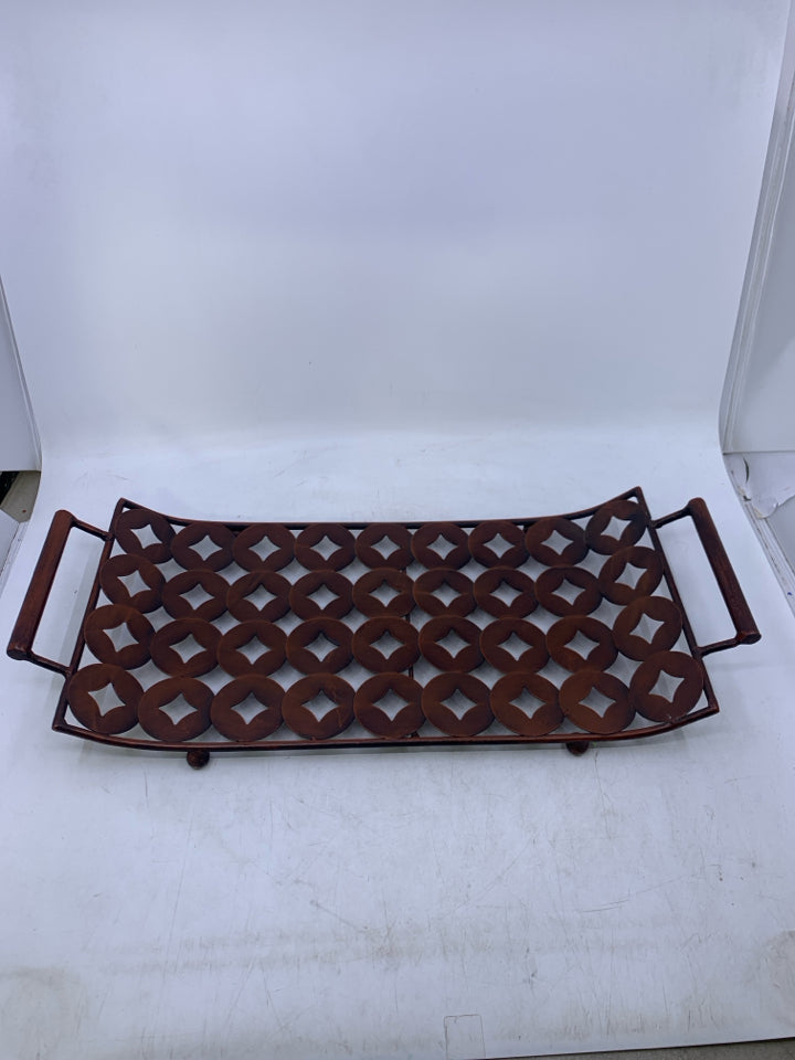 BROWN FOOTED METAL TRAY W/ LIFTED EDGES PIERCED CIRCLES.