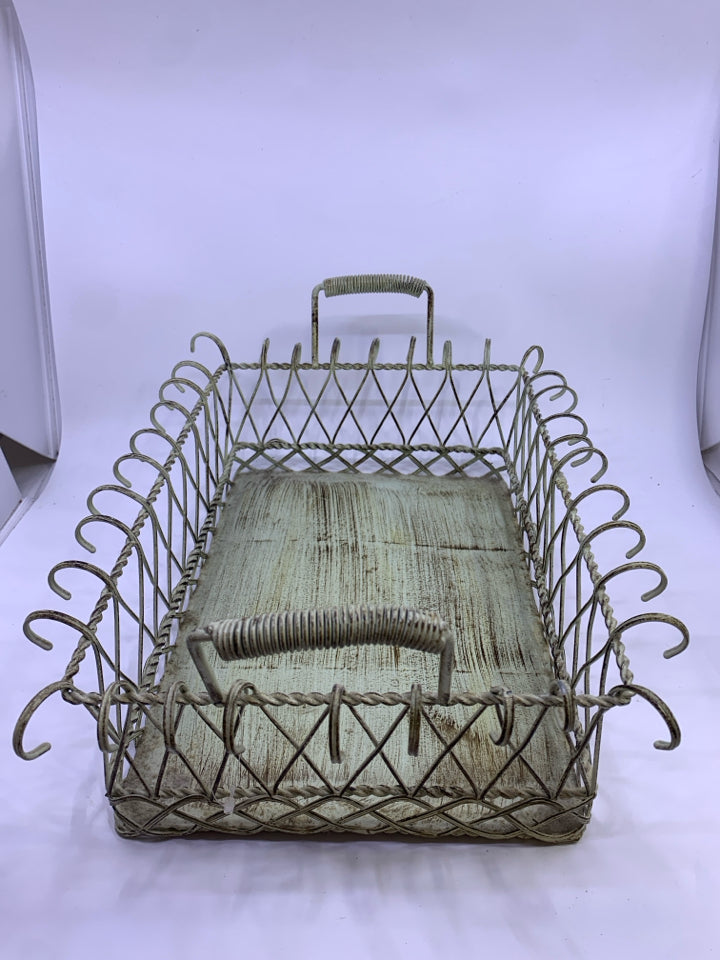 LIGHT GREEN WIRE BASKET TRAY DISTRESSED DESIGN W/HANDLES.