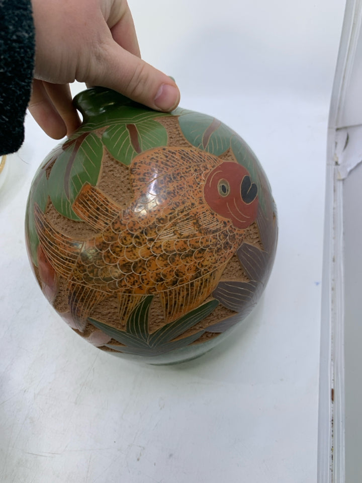 GREEN/BLUE LEAVES W/ CARVED FISH CIRCLE VASE.