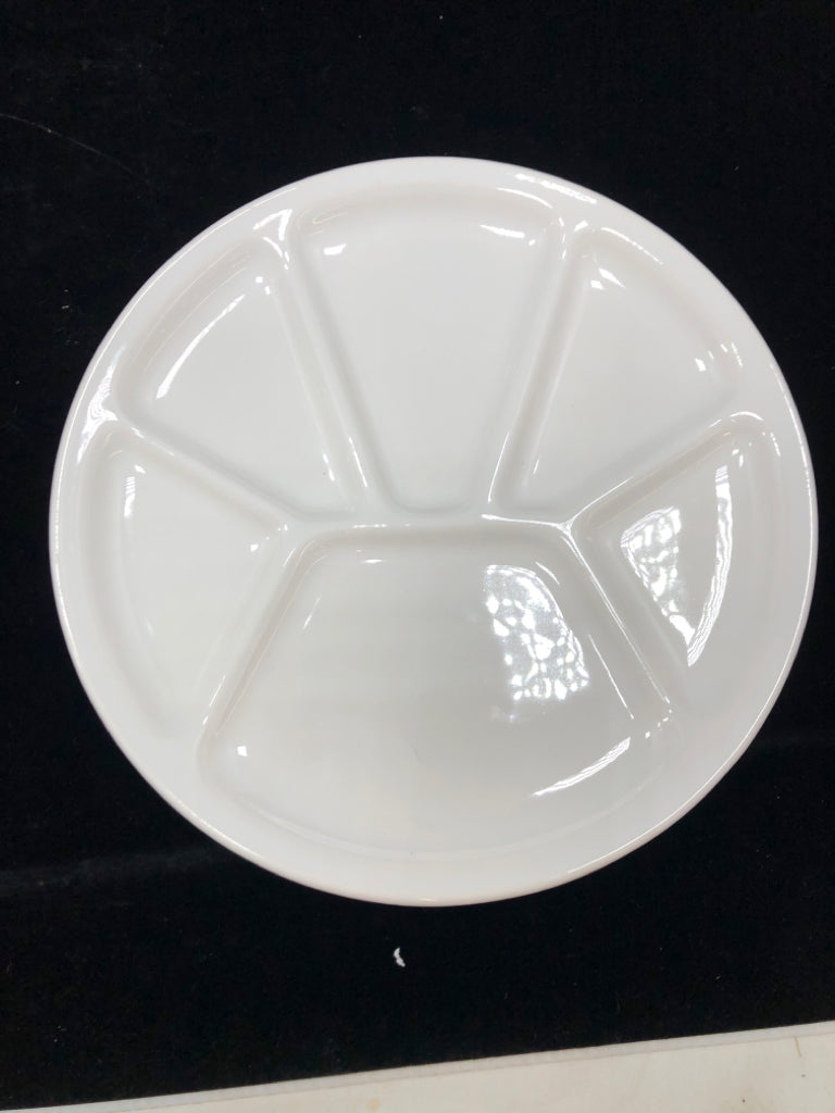 6- DIVIDED VARAGES WHITE CERAMIC FONDUE PLATES.