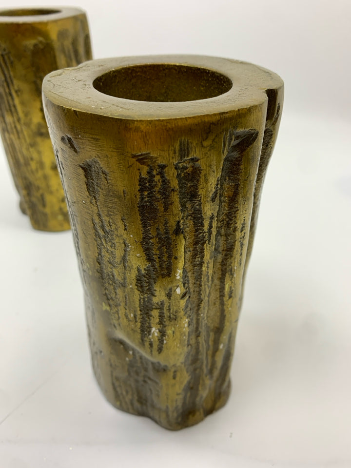 2 GOLDEN METAL TREE STUMP VOTIVE HOLDERS.