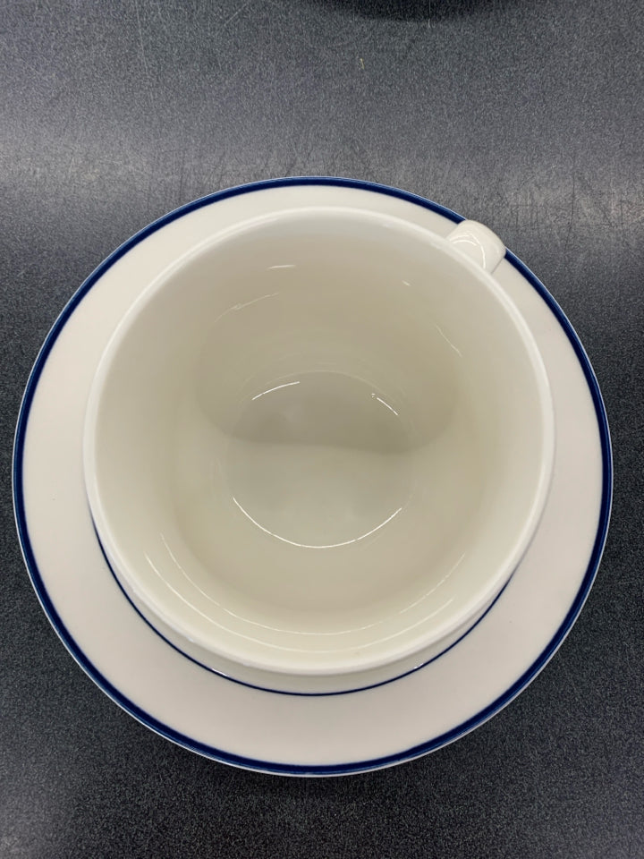 4 BLUE STRIPE STONEWARE MUG + SAUCER SET.