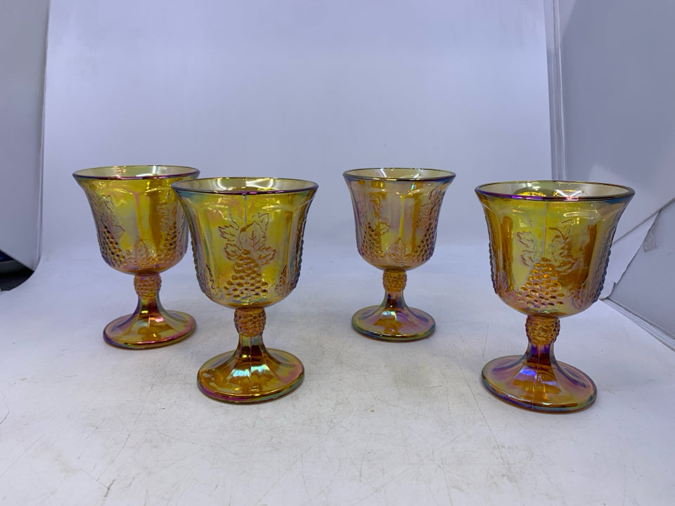 4 VTG GRAPES CARNIVAL GLASS SMALL GOBLETS.