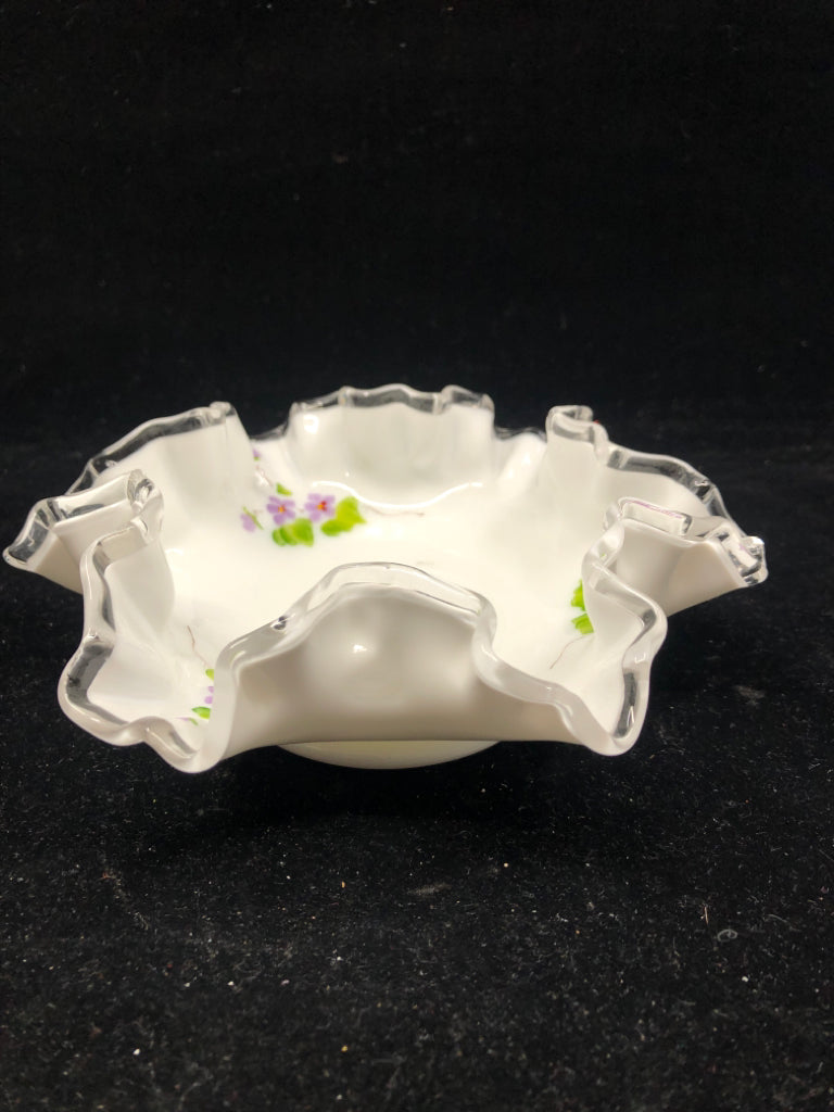 VTG PURPLE FLORAL WHITE RUFFLE EDGE BOWL- SIGNED.