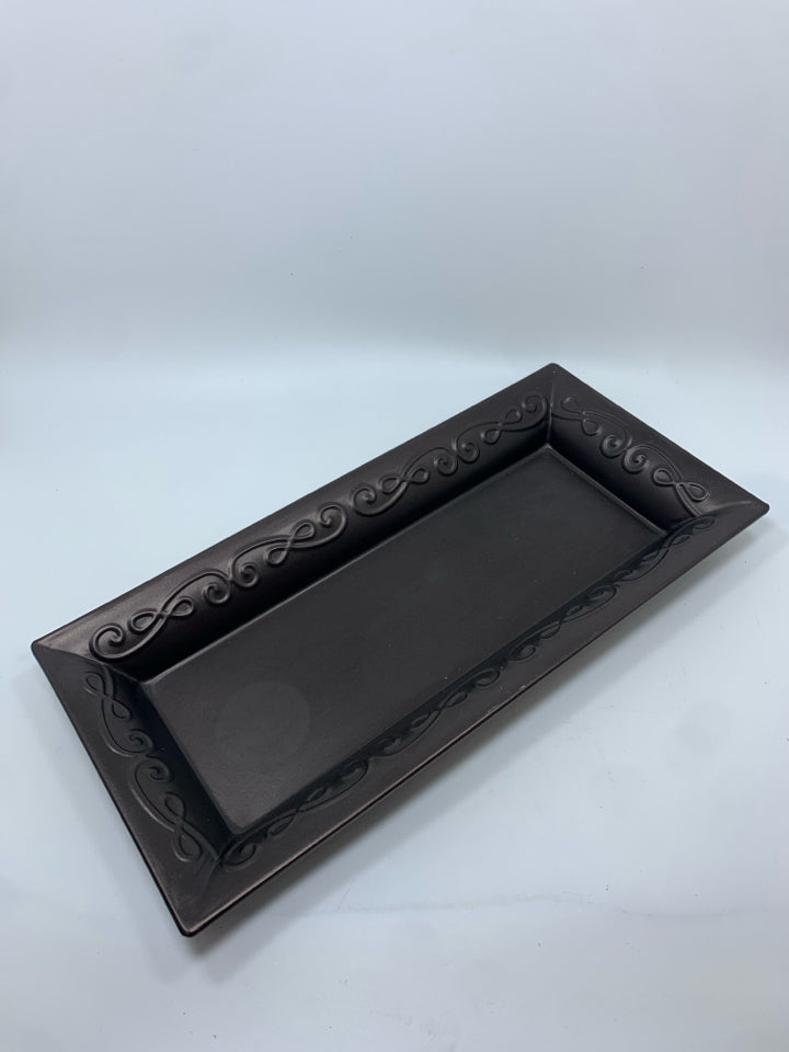 BROWN METAL TRAY W/SCROLL DETAIL.