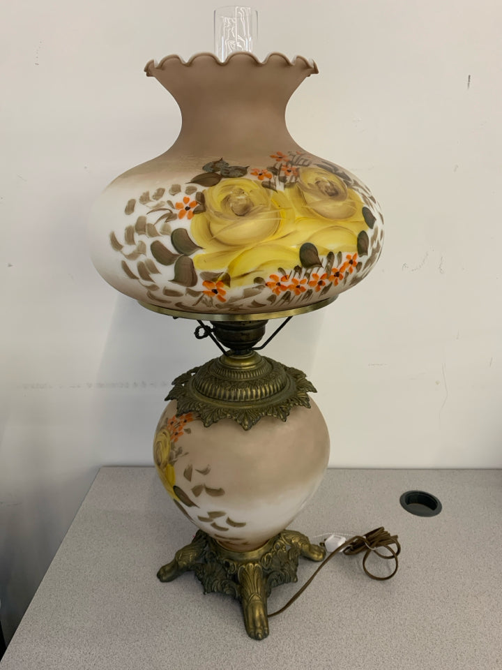 VTG TWO-TONED BROWN AND WHITE HURRICANE LAMP W/ YELLOW FLOWERS.
