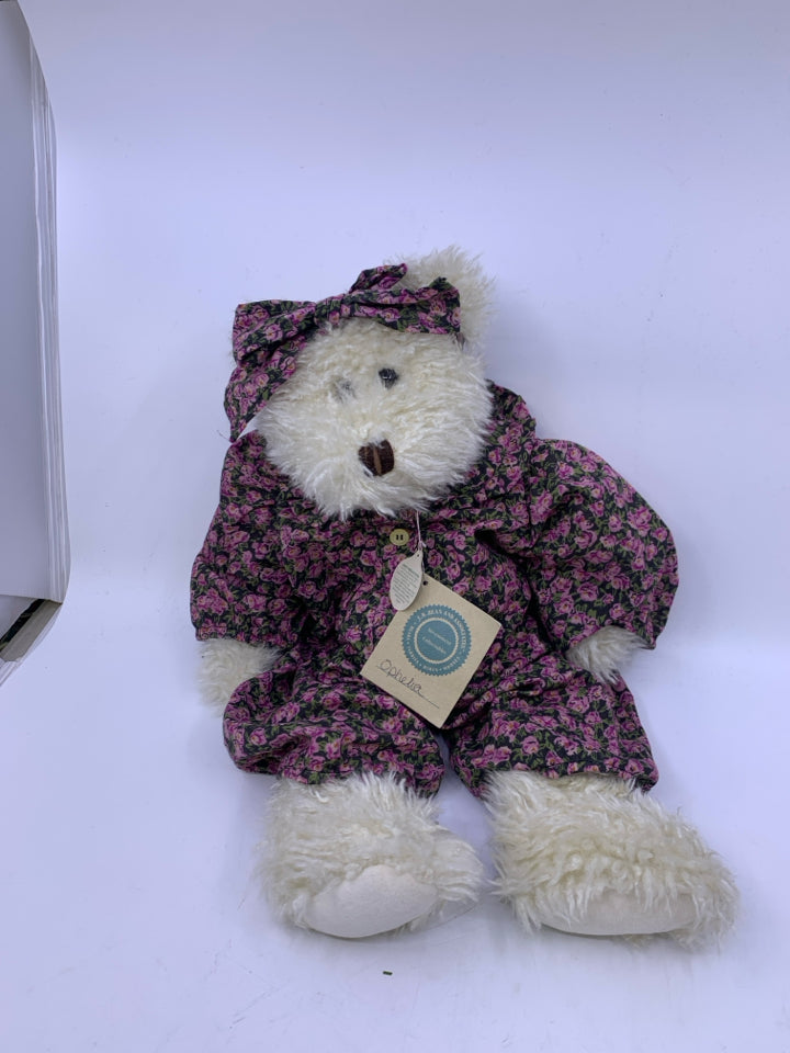 WHITE SHAG BEAR W/ DARK PURPLE FLORAL JUMPSUIT BOYDS BEAR.