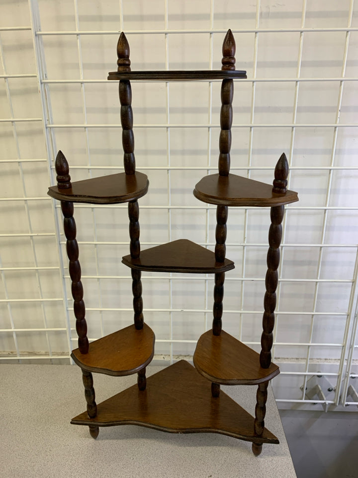 VTG DARK WOOD STANDING SMALL CORNER 7 SHELVES.