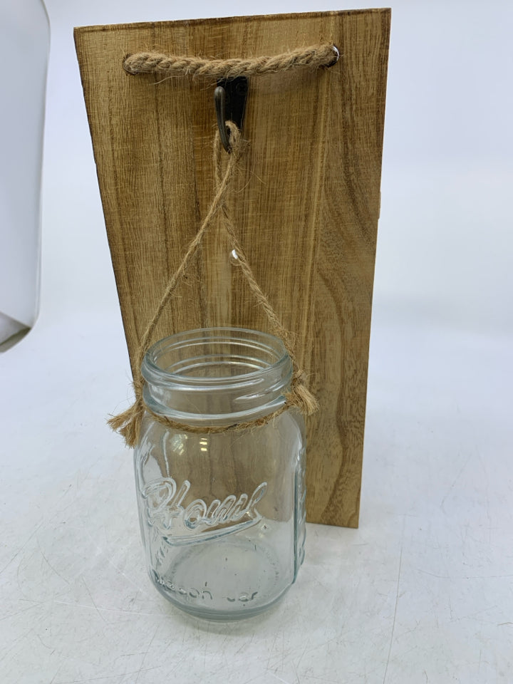 WOOD SLAB W/ HANGING MASON JAR WALL HANGING.