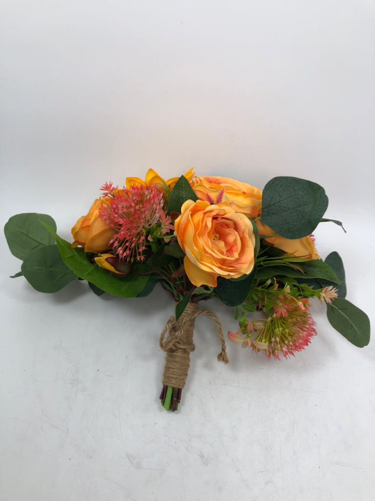 FAUX ORANGE/RED FLOWERS W/TWINE RIBBON.