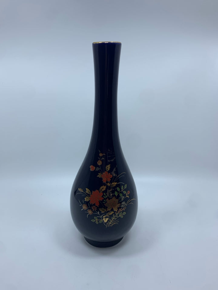 BLUE VASE W/GOLD FLORALS.