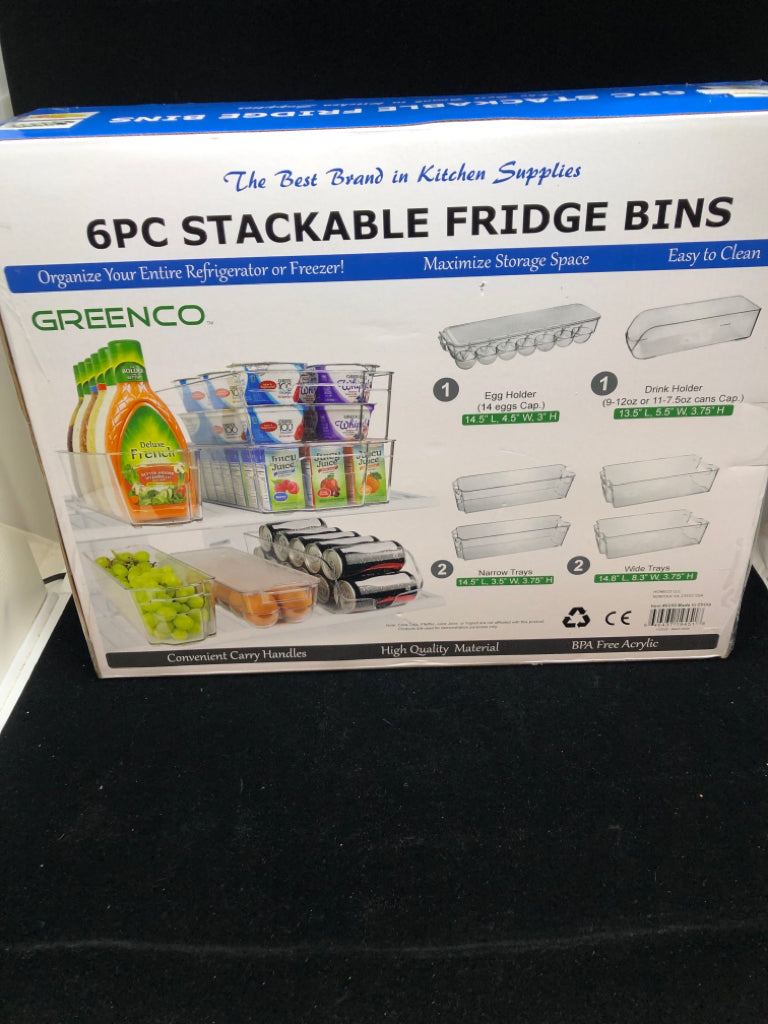 NIB 6PC STACKABLE FRIDGE BINS.