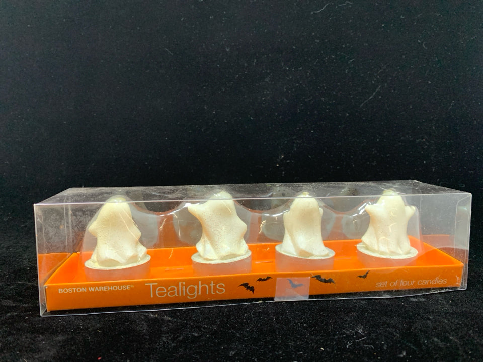 NIB 4PK GLITTER GHOST TEA LIGHT CANDLES.