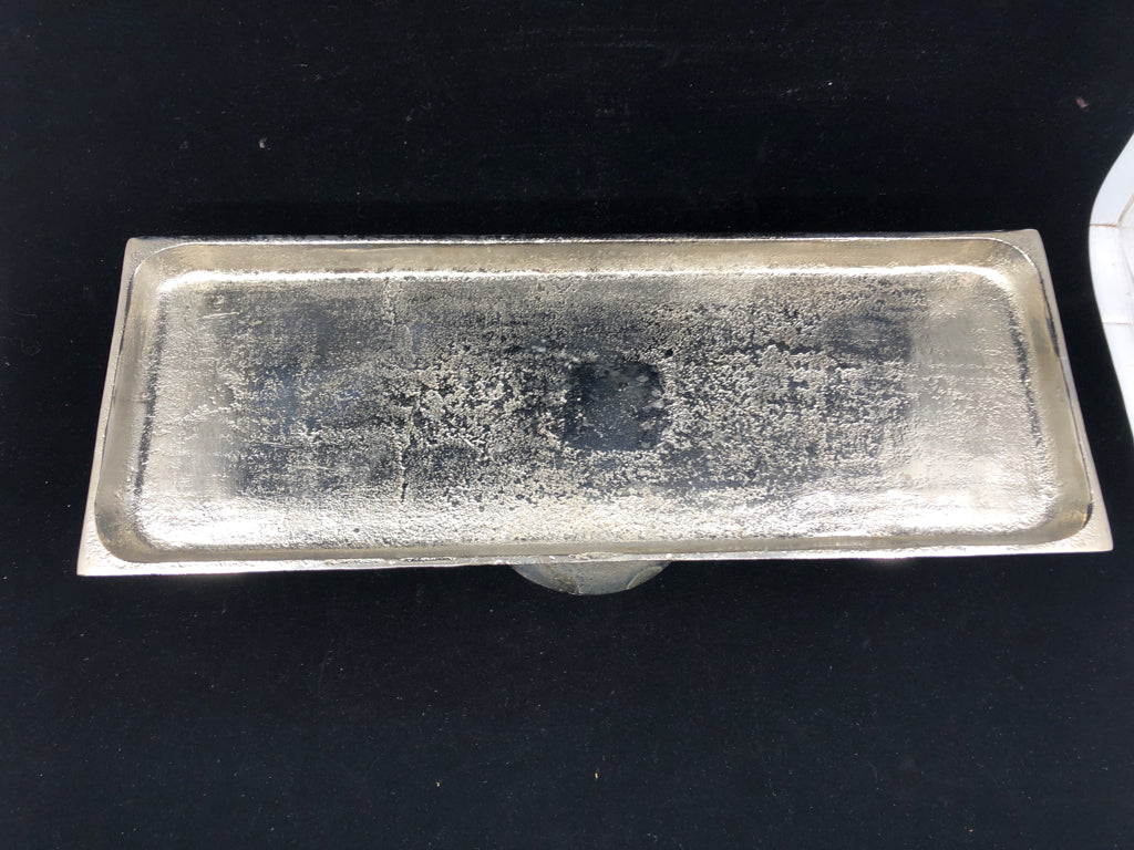 FOOTED METAL SILVER RECTANGLE TRAY.