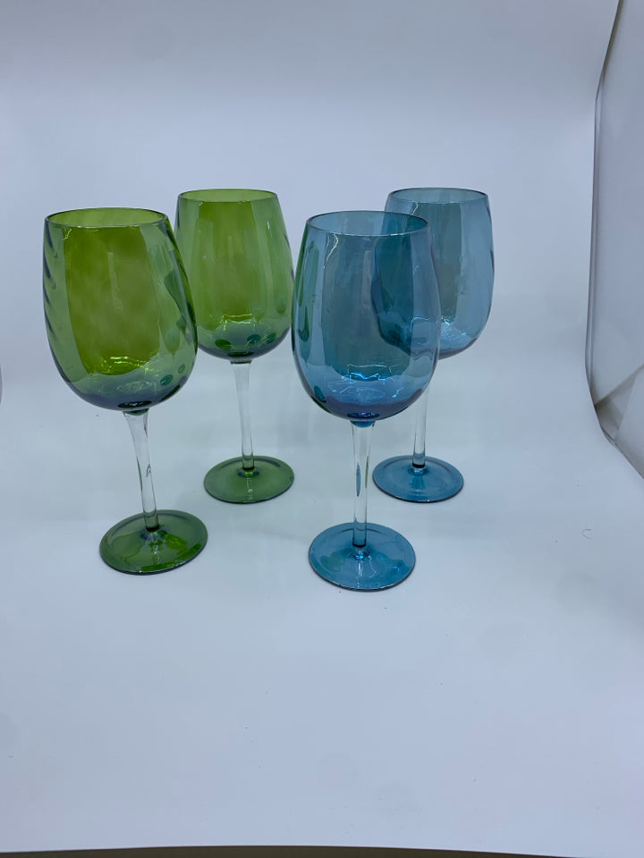 4 BLUE AND GREEN IRIDESCENT WINE GLASSES.