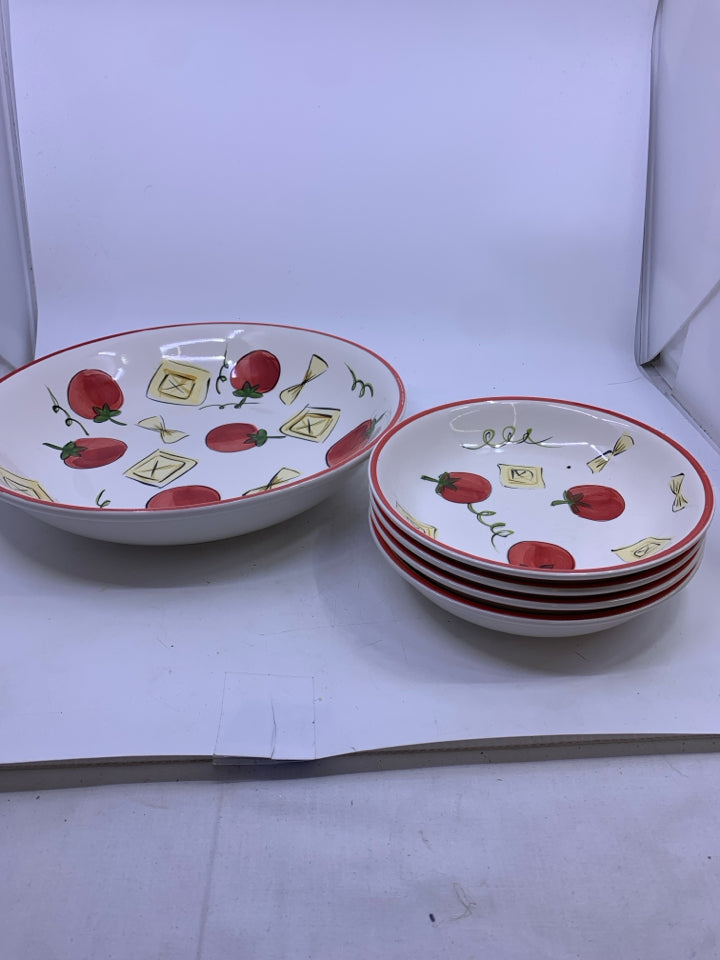 5 PAINTED TOMATO PASTA BOWL SERVING SET - 1 LARGE BOWL, 4 SERVING BOWLS.