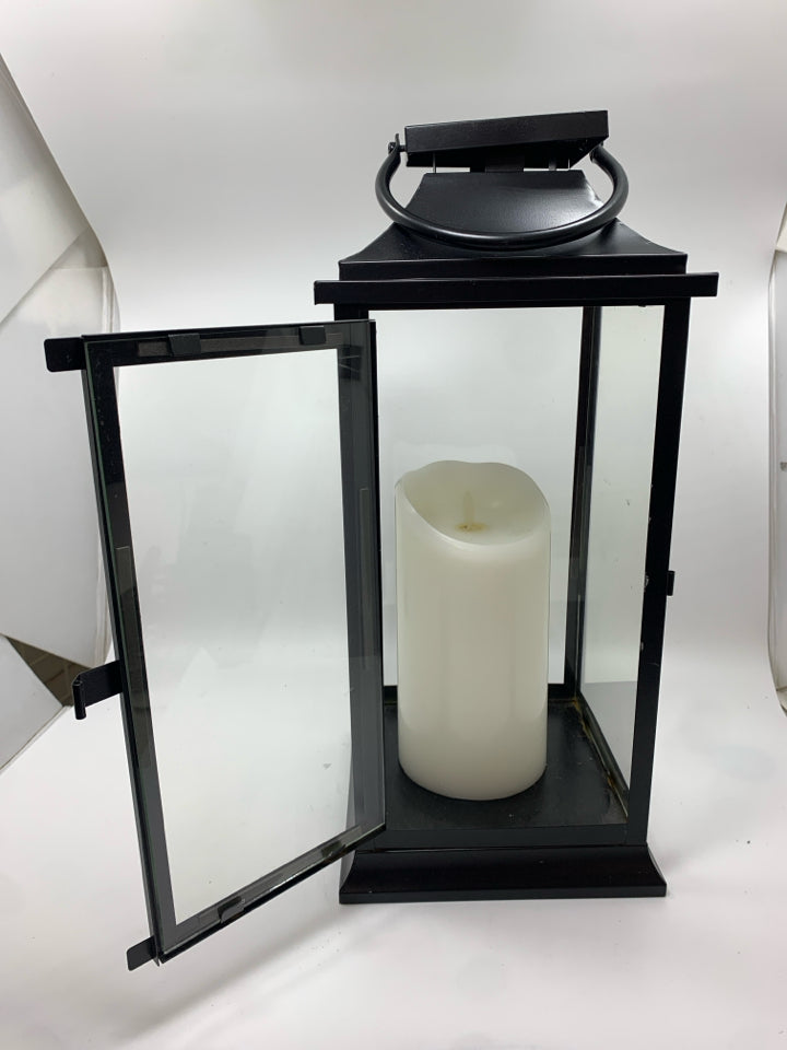 TALL METAL CANDLE LANTERN W/ FAUX CANDLE.