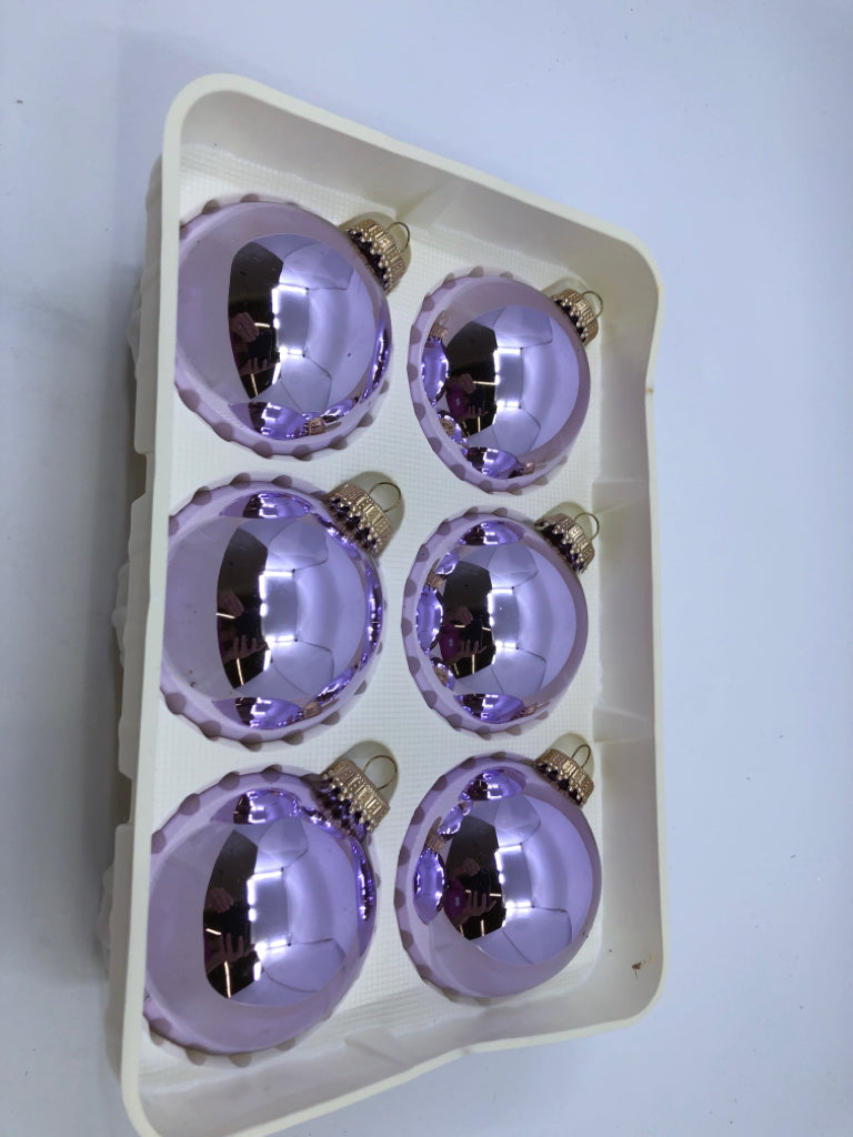 6PK VTG PURPLE GLASS ORNAMENTS IN BOX.