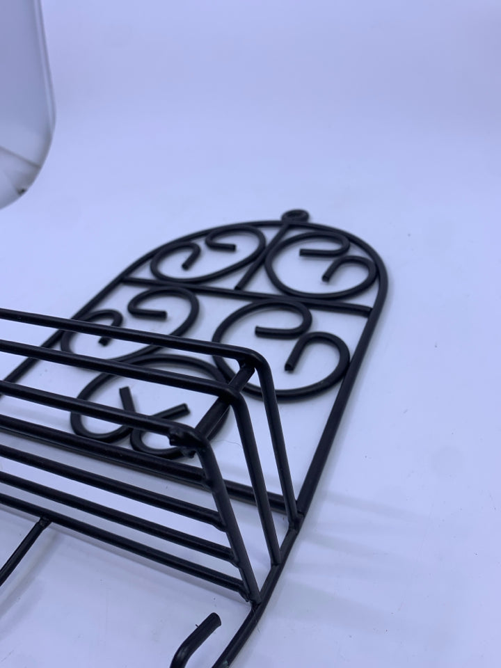 BROWN METAL ARCH SCROLL HANGING SMALL SHELF W/ 3 HOOKS.