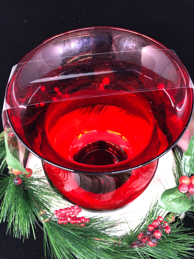 NIB RED GLASS HURRICANE CANDLE HOLDER.