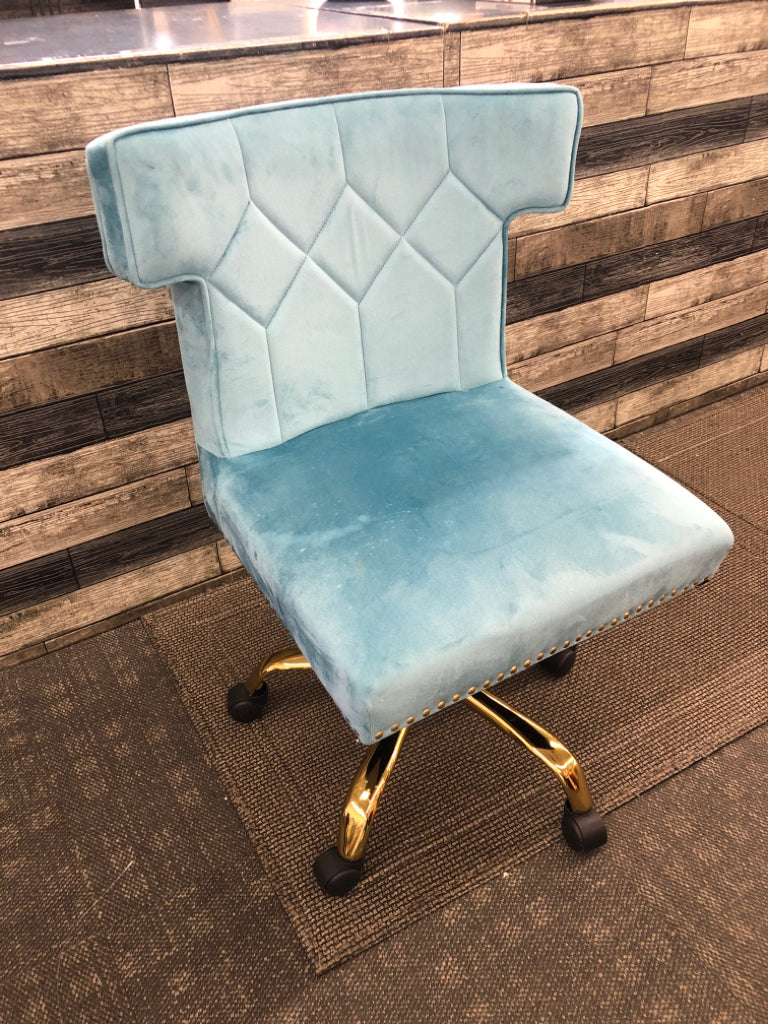 TEAL BLUE VELOUR OFFICE SWIVEL CHAIR W/ GOLD STUDS/LEGS.