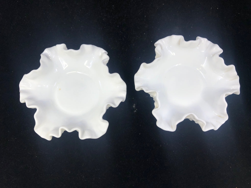 2 VTG HOBNAIL MILK GLASS PILLAR CANDLE PLATES W/ RUFFLE EDGE.