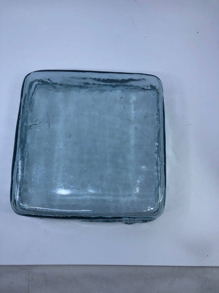 PALE BLUE HEAVY SQUARE GLASS CENTERPIECE DISH.