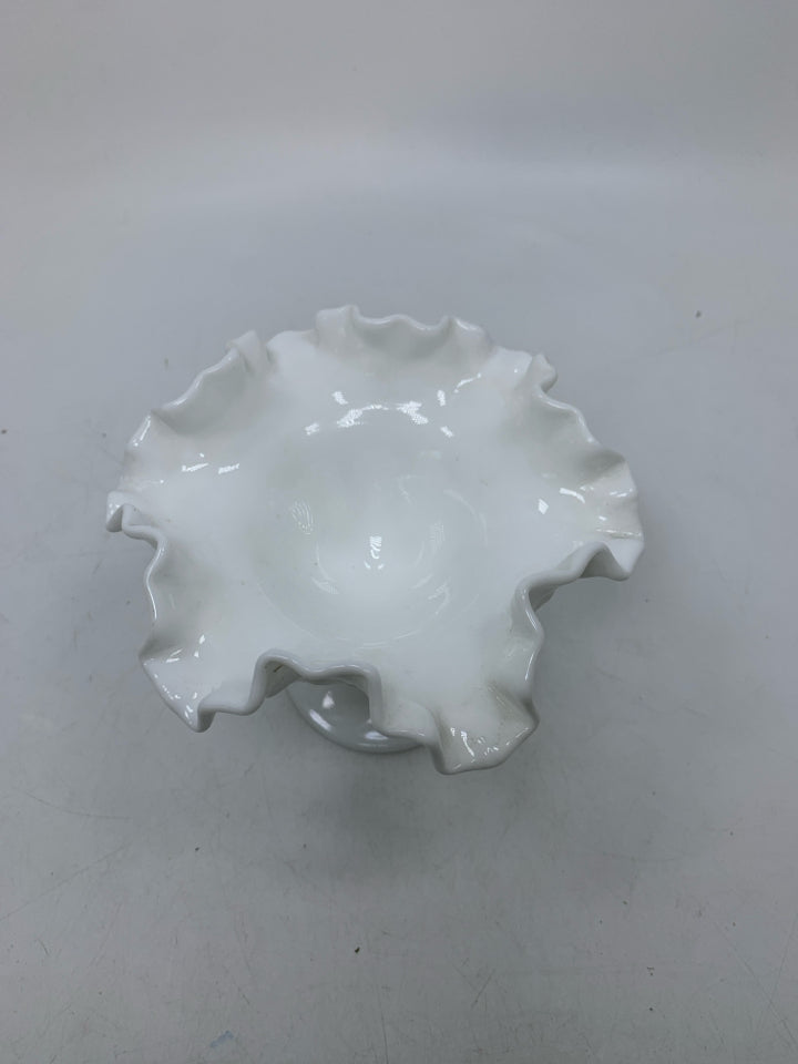 VTG HOBNAIL MILK GLASS PEDESTAL BOWL W/ RUFFLED EDGE.
