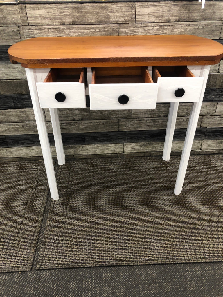 WHITE BOTTOM W WOOD TOP CONSOLE TABLE.