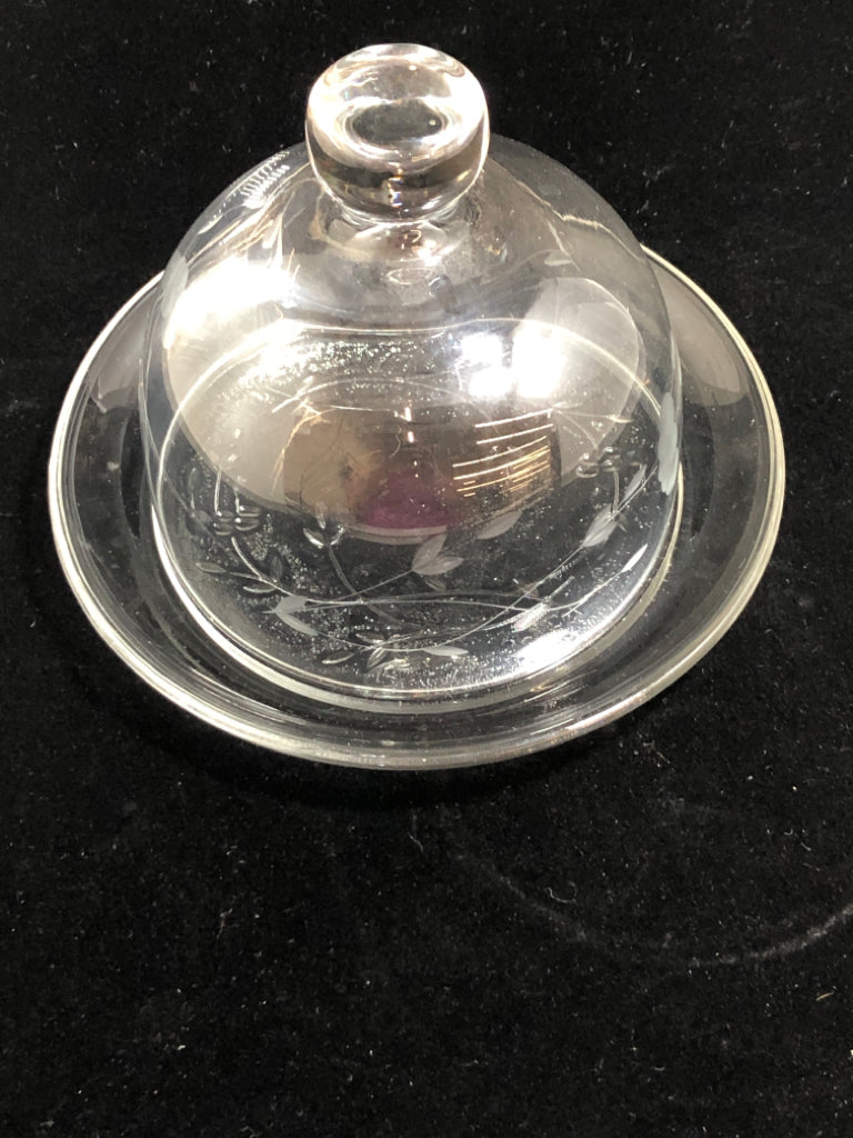 GLASS ETCHED COVERED BUTTER DISH.