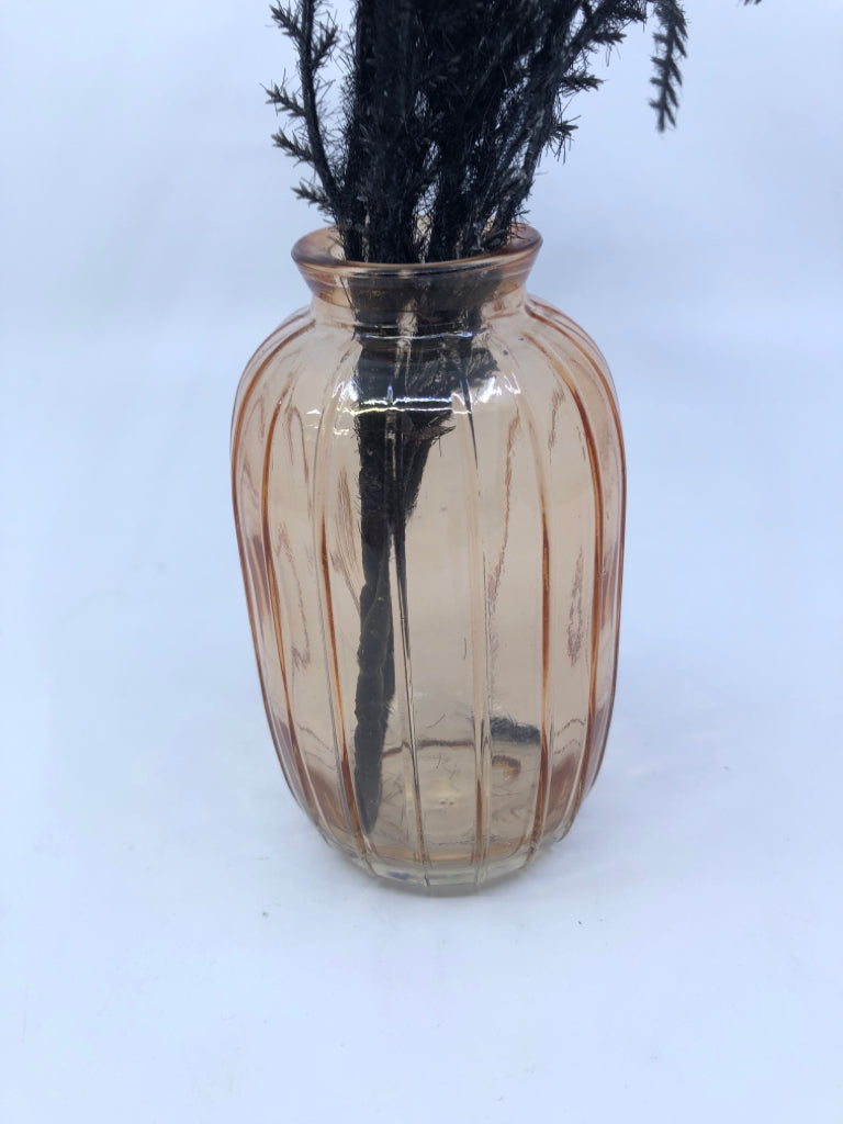 FAUX BLACK FEATHERS IN PINK VASE.
