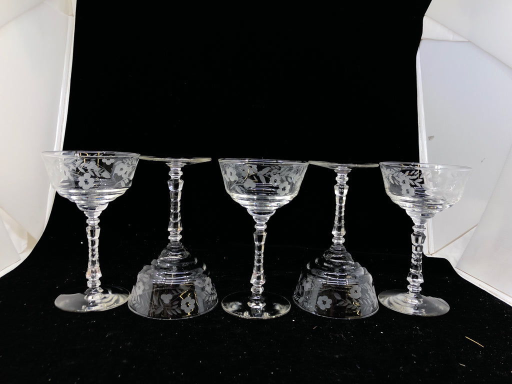 5 VTG ETCHED GLASS COUPE GLASSES.