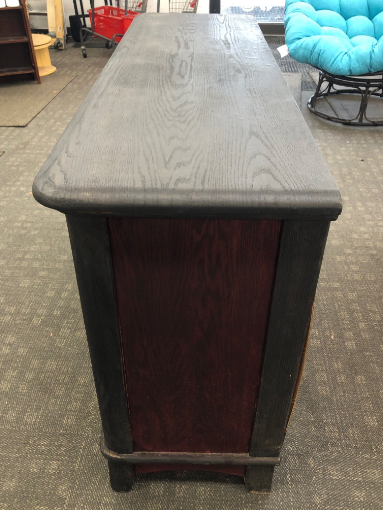 RUSTIC BUFFET TABLE 2 DRAWERS 3 LOWER CABINETS MATTE BLACK W/ DARK RED DETAILS B