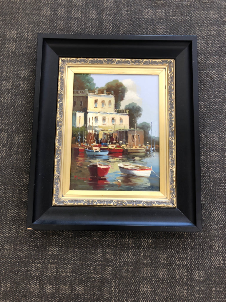 BOATS IN CANAL PAINTING, BLACK GOLD FRAME.