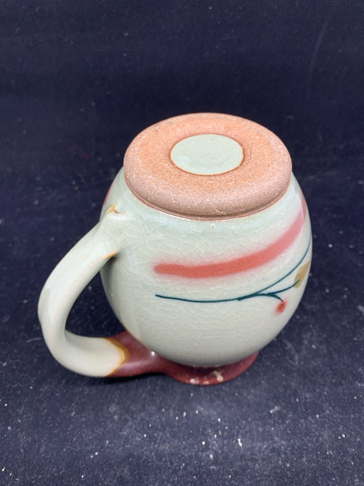 POTTERY MUG W/ MAROON TOP/BOTTOM.