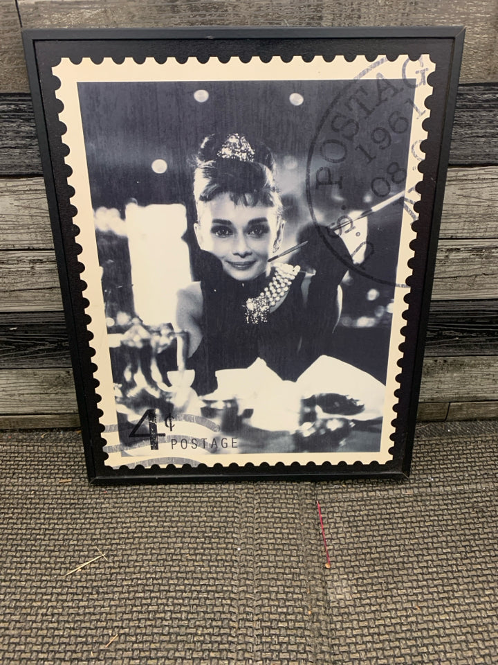 AUDREY HEPBURN BLACK/WHITE STAMP WALL HANGING.