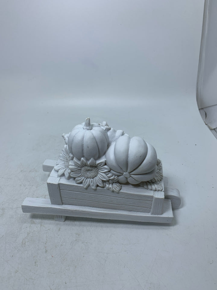 WHITE RESIN HAPPY FALL WHEEL BARROW W/ PUMPKINS.