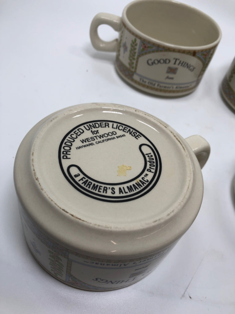 4 THE OLD FARMERS ALMANAC CERAMIC SOUP MUGS.