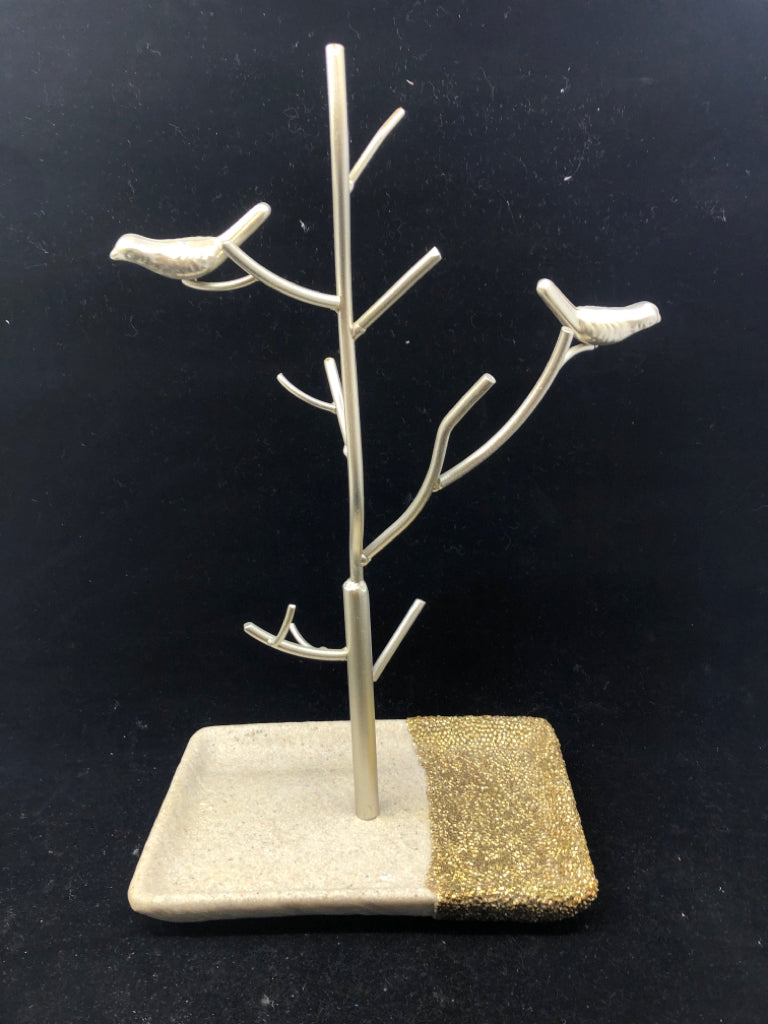 FAUX STONE BASE SILVER JEWELRY TREE.