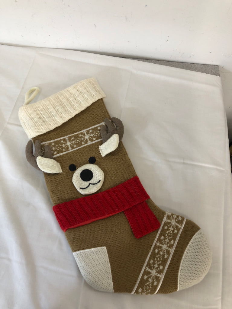 BROWN REINDEER STOCKING W RED SCARF.