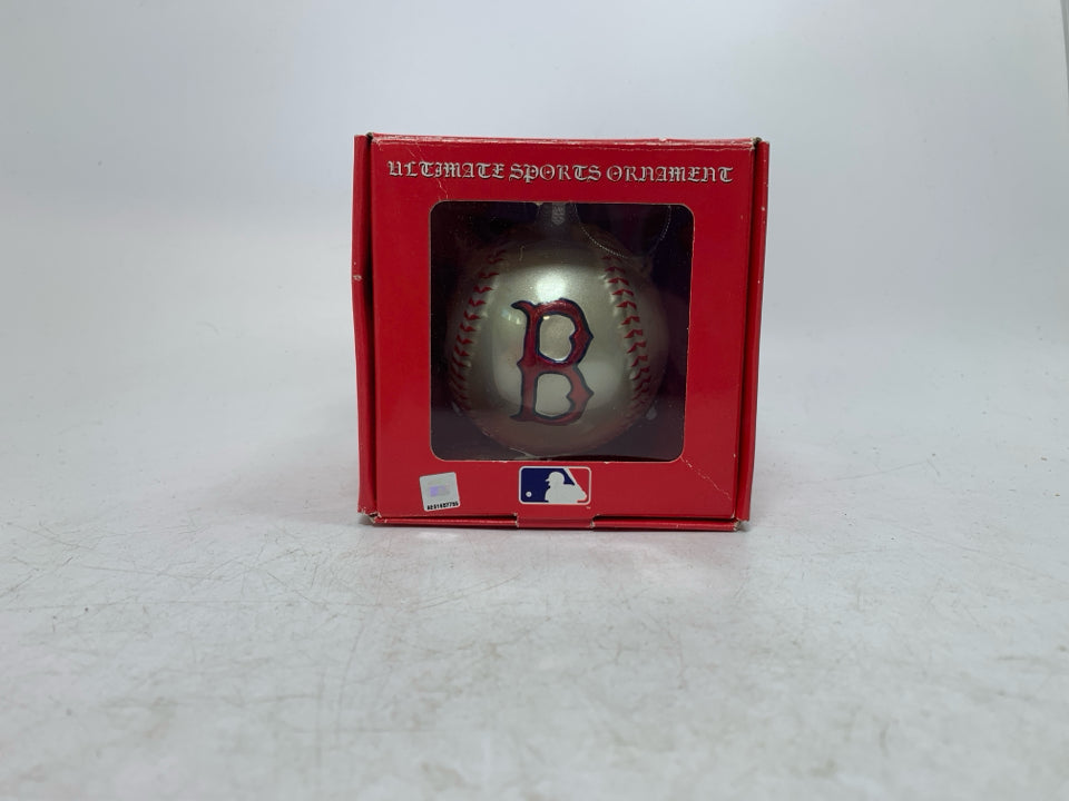 IN BOX SCOTTISH CHRISTMAS RED SOX BASEBALL ORNAMENT.