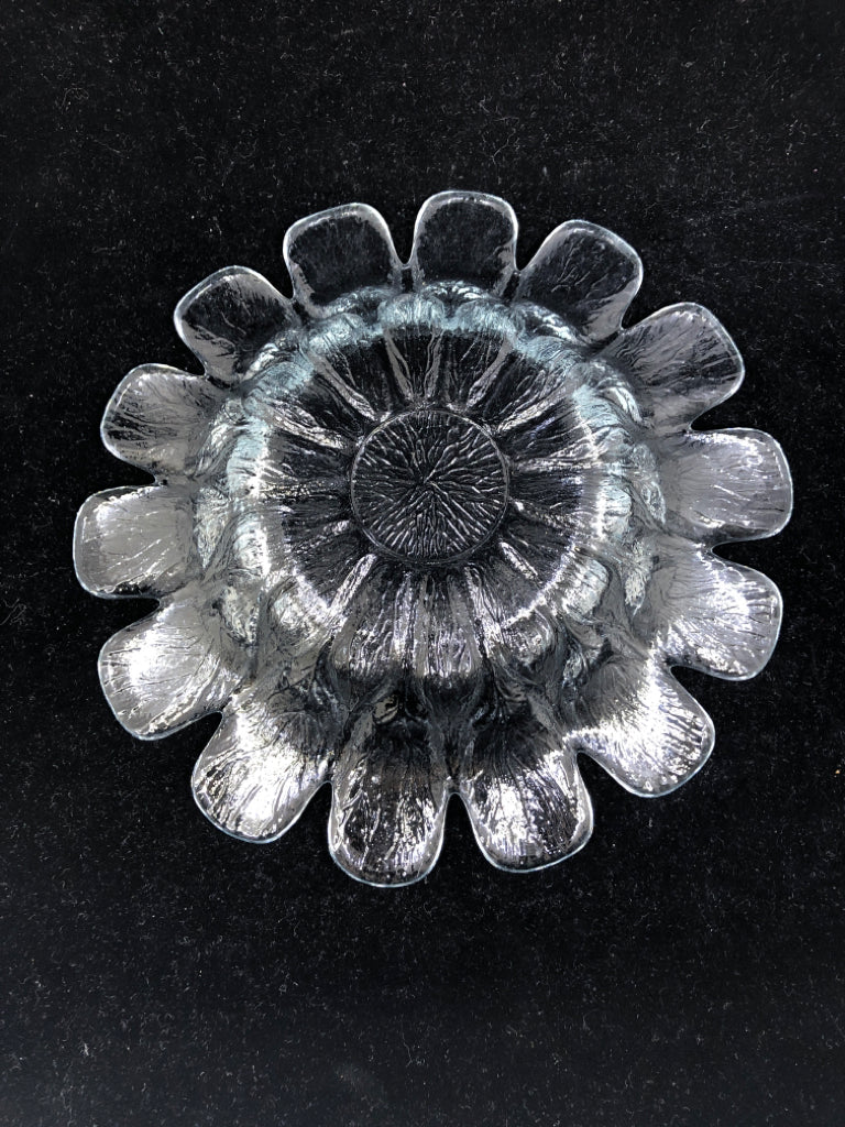 HEAVY GLASS FLOWER DISH W/ EMBOSSED DESIGNS.