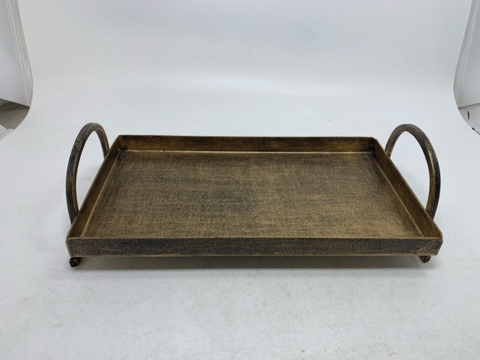 METAL FOOTED RECTANGLE TRAY W/ ARCHED HANDLES.