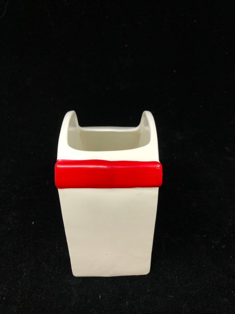 CERAMIC WHITE HEART PLANTER W/RED BOW.