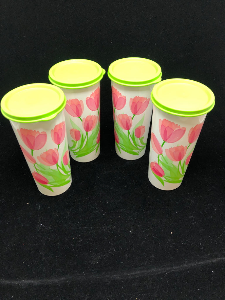 4 VTG PINK TULIP SEALED TUMBLERS - TUPPERWARE.