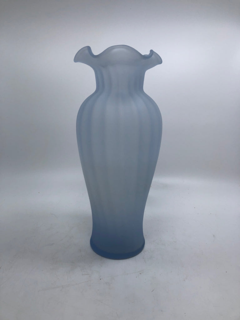 FROSTED BLUE TINT VASE W/RUFFLED RIM.