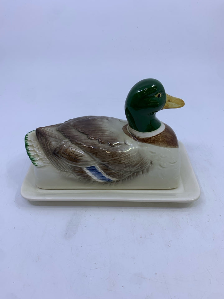 2 PC GREEN HEAD DUCK BUTTER DISH.